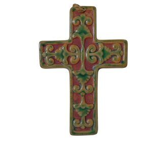 Terra Cotta Cross Square Edge Green Glaze Wall Hanging Rustic Old World 7 Inches